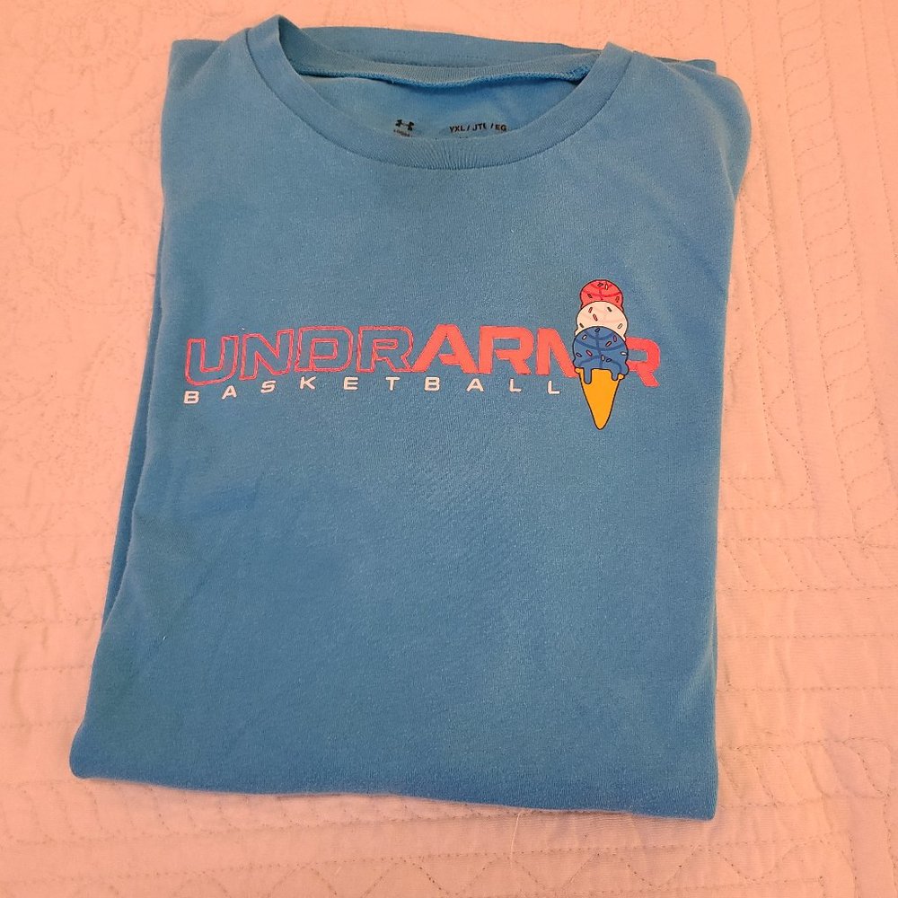 Eatin’ Up! Under Armr Heat Gear Sweat Wicking T-Shirt Blue Multi Size YXL